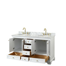 Load image into Gallery viewer, Wyndham Deborah 60 Inch Double Bathroom Vanity in White, White Carrara Marble Countertop, Undermount Oval Sinks, Brushed Gold Trim, No Mirrors- Wyndham