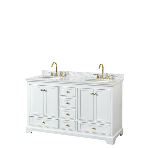 Wyndham Deborah 60 Inch Double Bathroom Vanity in White, White Carrara Marble Countertop, Undermount Oval Sinks, Brushed Gold Trim, No Mirrors- Wyndham