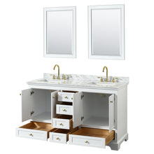 Load image into Gallery viewer, Wyndham Deborah 60 Inch Double Bathroom Vanity in White, White Carrara Marble Countertop, Undermount Square Sinks, Brushed Gold Trim, 24 Inch Mirrors- Wyndham