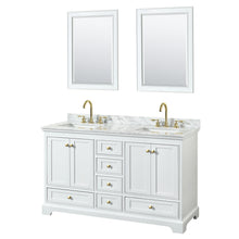 Load image into Gallery viewer, Wyndham Deborah 60 Inch Double Bathroom Vanity in White, White Carrara Marble Countertop, Undermount Square Sinks, Brushed Gold Trim, 24 Inch Mirrors- Wyndham