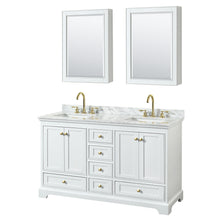 Load image into Gallery viewer, Wyndham Deborah 60 Inch Double Bathroom Vanity in White, White Carrara Marble Countertop, Undermount Square Sinks, Brushed Gold Trim, Medicine Cabinets- Wyndham