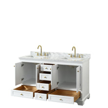 Load image into Gallery viewer, Wyndham Deborah 60 Inch Double Bathroom Vanity in White, White Carrara Marble Countertop, Undermount Square Sinks, Brushed Gold Trim, No Mirror- Wyndham