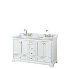 Load image into Gallery viewer, Wyndham Deborah 60 Inch Double Bathroom Vanity in White, White Carrara Marble Countertop, Undermount Square Sinks, Brushed Gold Trim, No Mirror- Wyndham