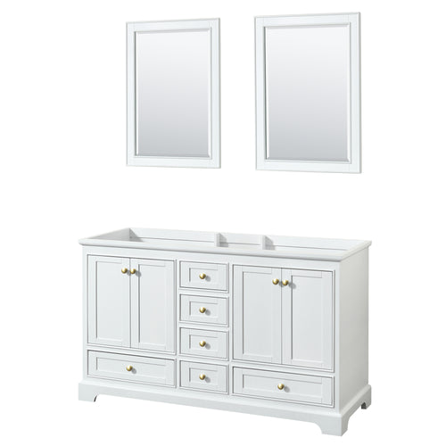 Wyndham Deborah 60 Inch Double Bathroom Vanity in White, No Countertop, No Sinks, Brushed Gold Trim, 24 Inch Mirrors- Wyndham