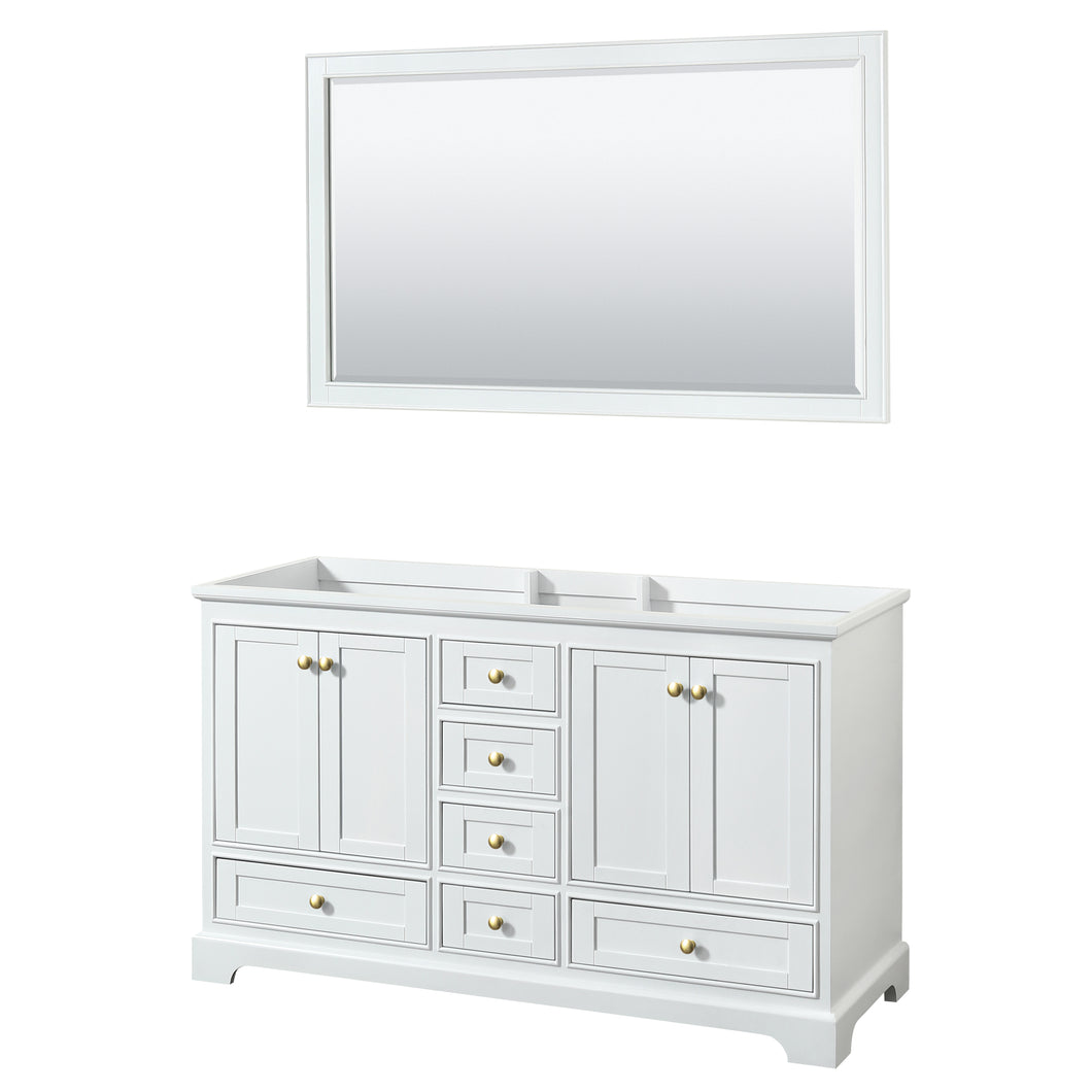 Wyndham Deborah 60 Inch Double Bathroom Vanity in White, No Countertop, No Sinks, Brushed Gold Trim, 58 Inch Mirror- Wyndham