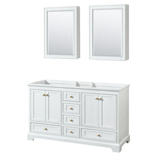 Load image into Gallery viewer, Wyndham Deborah 60 Inch Double Bathroom Vanity in White, No Countertop, No Sinks, Brushed Gold Trim, Medicine Cabinets- Wyndham