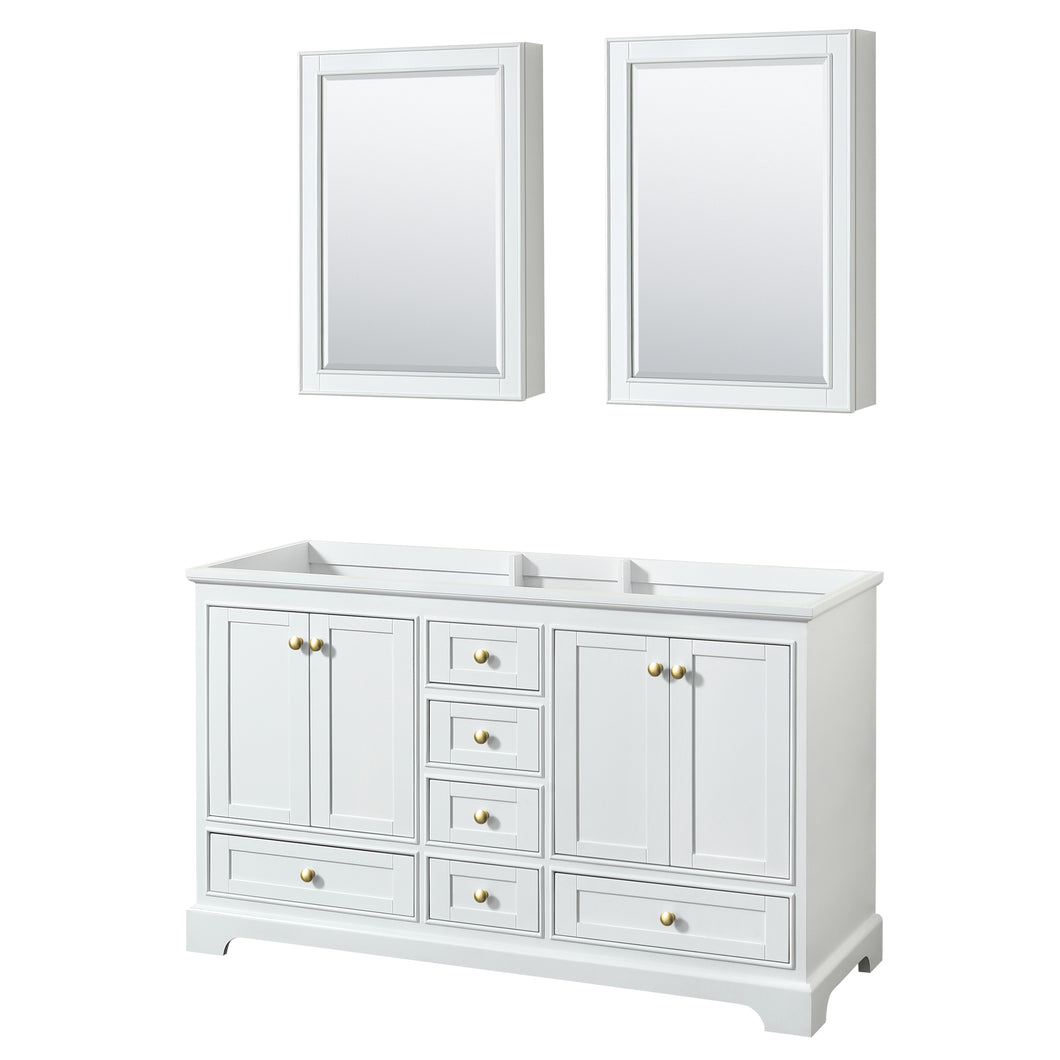 Wyndham Deborah 60 Inch Double Bathroom Vanity in White, No Countertop, No Sinks, Brushed Gold Trim, Medicine Cabinets- Wyndham