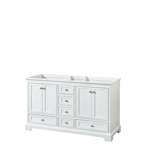 Wyndham Deborah 60 Inch Double Bathroom Vanity in White, No Countertop, No Sinks, Brushed Gold Trim, No Mirror- Wyndham