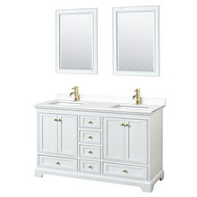 Load image into Gallery viewer, Wyndham Deborah 60 Inch Double Bathroom Vanity in White, White Cultured Marble Countertop, Undermount Square Sinks, Brushed Gold Trim, 24 Inch Mirrors- Wyndham