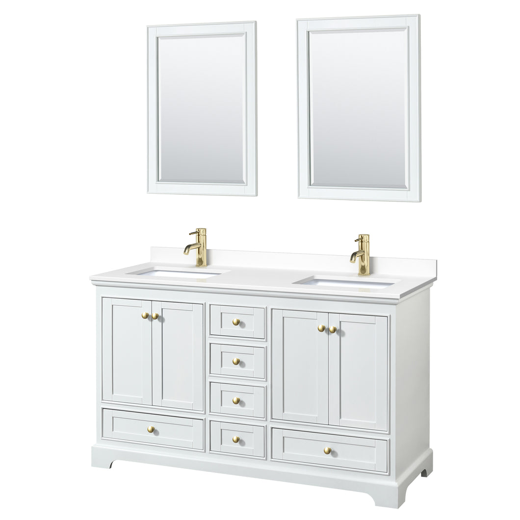 Wyndham Deborah 60 Inch Double Bathroom Vanity in White, White Cultured Marble Countertop, Undermount Square Sinks, Brushed Gold Trim, 24 Inch Mirrors- Wyndham