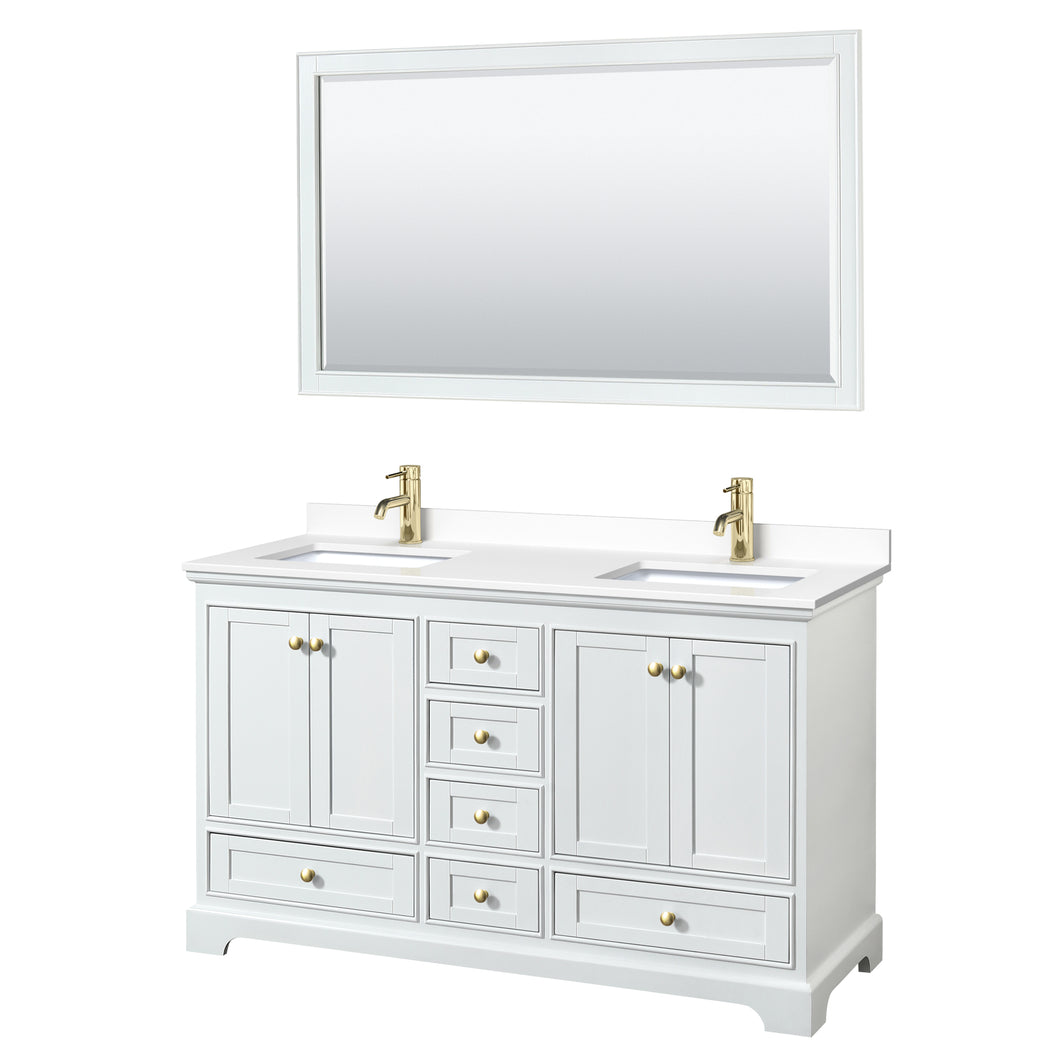 Wyndham Deborah 60 Inch Double Bathroom Vanity in White, White Cultured Marble Countertop, Undermount Square Sinks, Brushed Gold Trim, 58 Inch Mirror- Wyndham