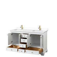 Load image into Gallery viewer, Wyndham Deborah 60 Inch Double Bathroom Vanity in White, White Cultured Marble Countertop, Undermount Square Sinks, Brushed Gold Trim, No Mirrors- Wyndham