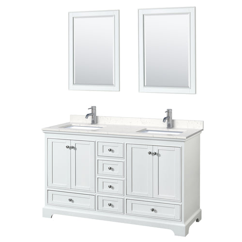Wyndham Deborah 60 Inch Double Bathroom Vanity in White, Light-Vein Carrara Cultured Marble Countertop, Undermount Square Sinks, 24 Inch Mirrors- Wyndham