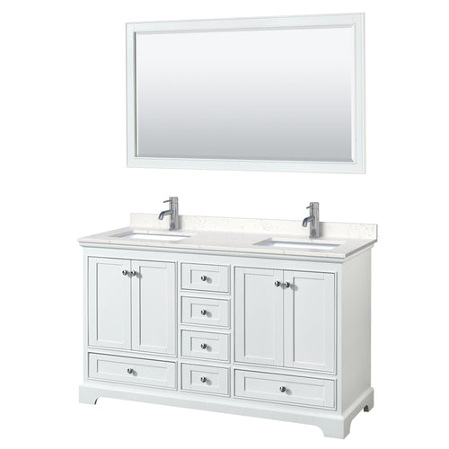 Wyndham Deborah 60 Inch Double Bathroom Vanity in White, Light-Vein Carrara Cultured Marble Countertop, Undermount Square Sinks, 58 Inch Mirror- Wyndham