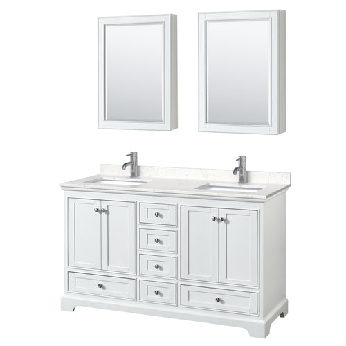 Wyndham Deborah 60 Inch Double Bathroom Vanity in White, Light-Vein Carrara Cultured Marble Countertop, Undermount Square Sinks, Medicine Cabinets- Wyndham