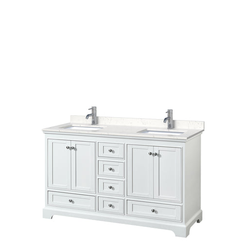 Wyndham Deborah 60 Inch Double Bathroom Vanity in White, Light-Vein Carrara Cultured Marble Countertop, Undermount Square Sinks, No Mirrors- Wyndham
