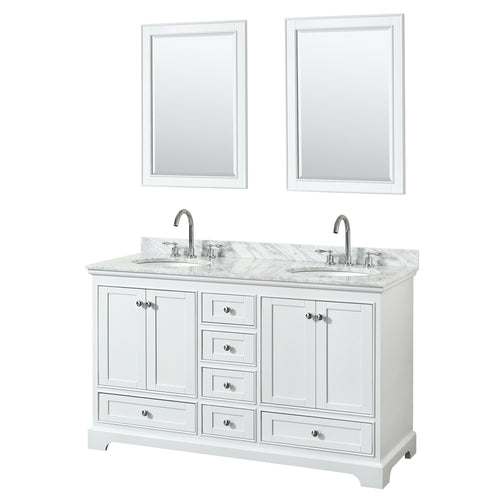 Wyndham Deborah 60 Inch Double Bathroom Vanity in White, White Carrara Marble Countertop, Undermount Oval Sinks, and 24 Inch Mirrors- Wyndham
