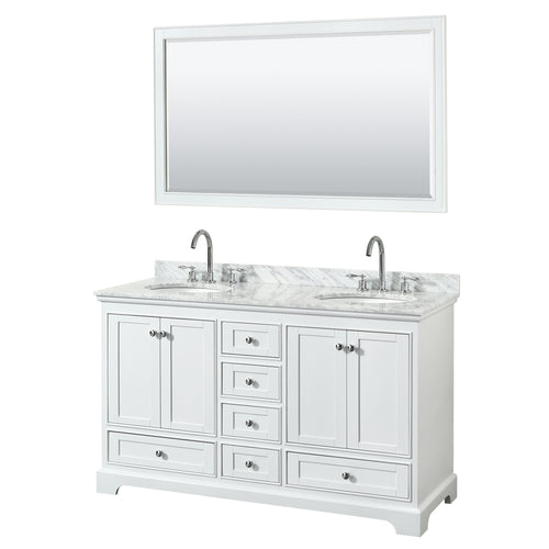 Wyndham Deborah 60 Inch Double Bathroom Vanity in White, White Carrara Marble Countertop, Undermount Oval Sinks, and 58 Inch Mirror- Wyndham