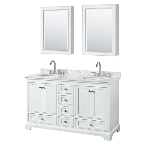 Wyndham Deborah 60 Inch Double Bathroom Vanity in White, White Carrara Marble Countertop, Undermount Oval Sinks, and Medicine Cabinets- Wyndham