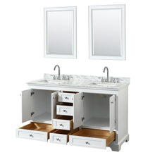 Load image into Gallery viewer, Wyndham Deborah 60 Inch Double Bathroom Vanity in White, White Carrara Marble Countertop, Undermount Square Sinks, and 24 Inch Mirrors- Wyndham