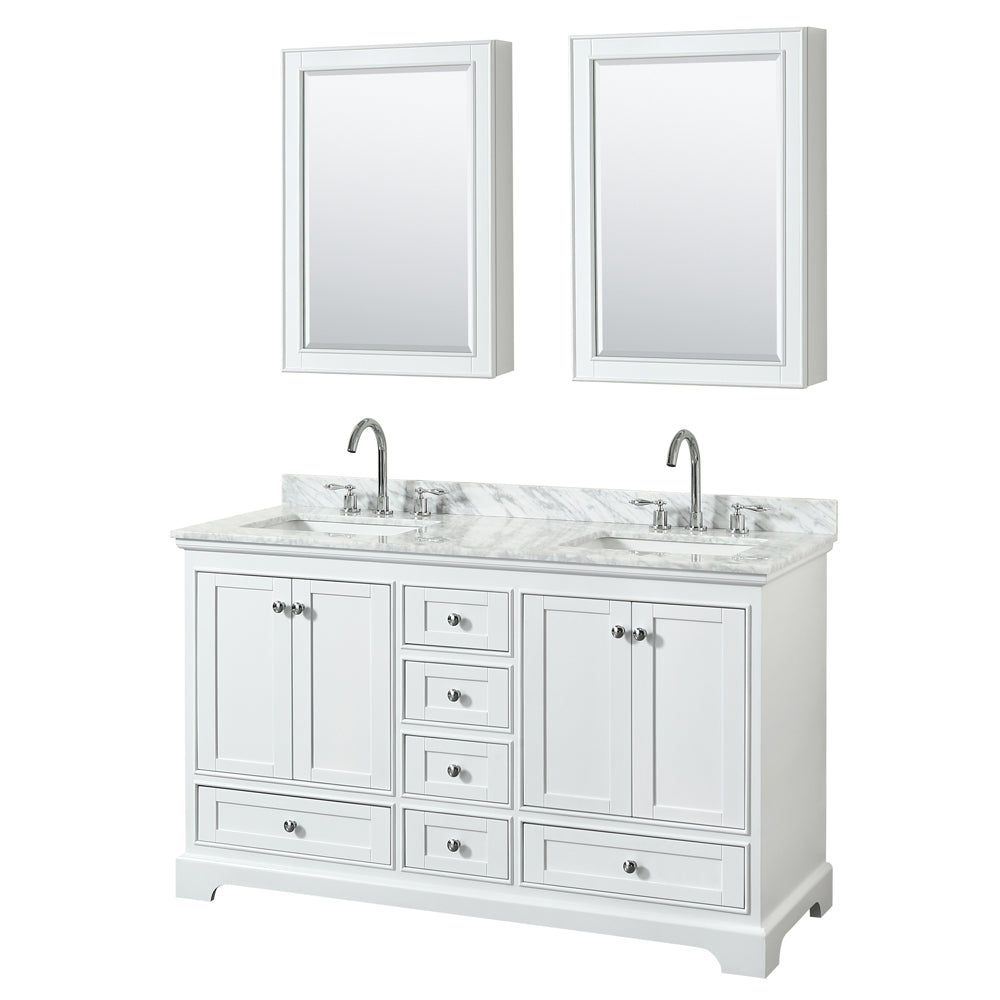 Wyndham Deborah 60 Inch Double Bathroom Vanity in White, White Carrara Marble Countertop, Undermount Square Sinks, and Medicine Cabinets- Wyndham