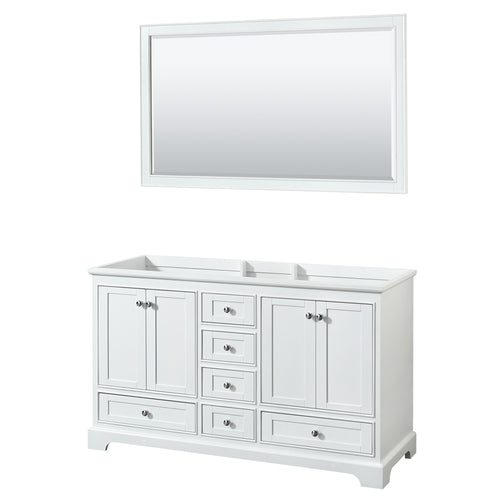 Wyndham Deborah 60 Inch Double Bathroom Vanity in White, No Countertop, No Sinks, and 58 Inch Mirror- Wyndham