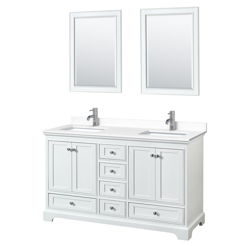 Wyndham Deborah 60 Inch Double Bathroom Vanity in White, White Cultured Marble Countertop, Undermount Square Sinks, 24 Inch Mirrors- Wyndham