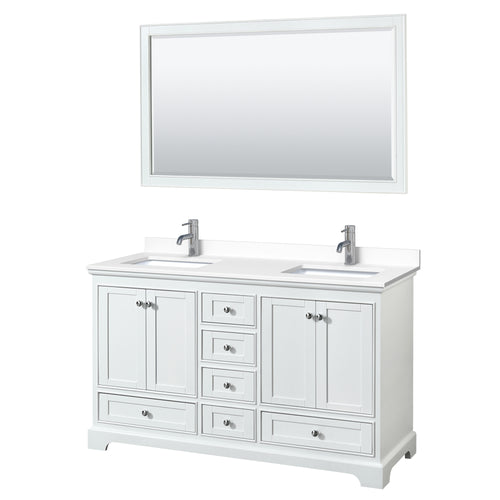 Wyndham Deborah 60 Inch Double Bathroom Vanity in White, White Cultured Marble Countertop, Undermount Square Sinks, 58 Inch Mirror- Wyndham