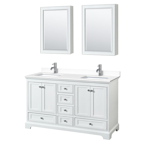 Wyndham Deborah 60 Inch Double Bathroom Vanity in White, White Cultured Marble Countertop, Undermount Square Sinks, Medicine Cabinets- Wyndham