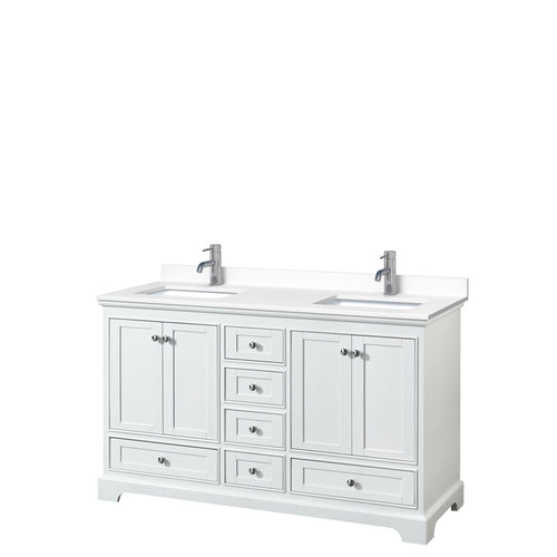 Wyndham Deborah 60 Inch Double Bathroom Vanity in White, White Cultured Marble Countertop, Undermount Square Sinks, No Mirrors- Wyndham