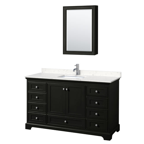 Wyndham Deborah 60 Inch Single Bathroom Vanity in Dark Espresso, Light-Vein Carrara Cultured Marble Countertop, Undermount Square Sink, Medicine Cabinet- Wyndham