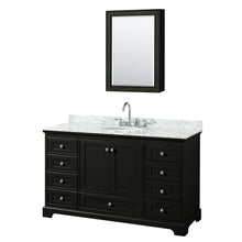 Load image into Gallery viewer, Wyndham Deborah 60 Inch Single Bathroom Vanity in Dark Espresso, White Carrara Marble Countertop, Undermount Oval Sink, and Medicine Cabinet- Wyndham