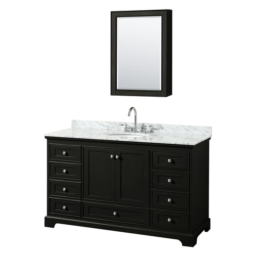Wyndham Deborah 60 Inch Single Bathroom Vanity in Dark Espresso, White Carrara Marble Countertop, Undermount Oval Sink, and Medicine Cabinet- Wyndham