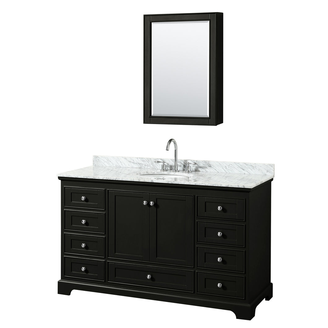 Wyndham Deborah 60 Inch Single Bathroom Vanity in Dark Espresso, White Carrara Marble Countertop, Undermount Oval Sink, and Medicine Cabinet- Wyndham