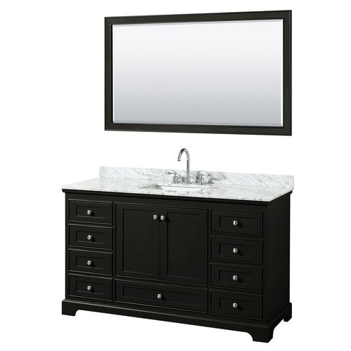 Wyndham Deborah 60 Inch Single Bathroom Vanity in Dark Espresso, White Carrara Marble Countertop, Undermount Square Sink, and 58 Inch Mirror- Wyndham