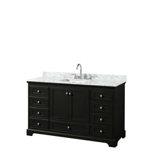 Load image into Gallery viewer, Wyndham Deborah 60 Inch Single Bathroom Vanity in Dark Espresso, White Carrara Marble Countertop, Undermount Square Sink, and No Mirror- Wyndham