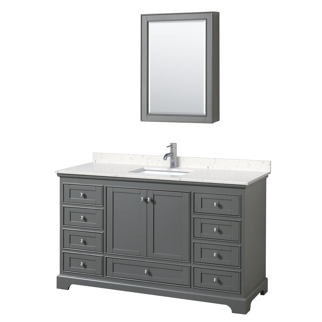 Wyndham Deborah 60 Inch Single Bathroom Vanity in Dark Gray, Light-Vein Carrara Cultured Marble Countertop, Undermount Square Sink, Medicine Cabinet- Wyndham