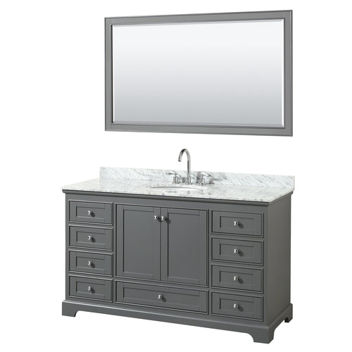 Wyndham Deborah 60 Inch Single Bathroom Vanity in Dark Gray, White Carrara Marble Countertop, Undermount Oval Sink, and 58 Inch Mirror- Wyndham
