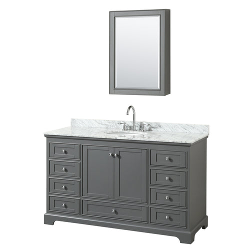 Wyndham Deborah 60 Inch Single Bathroom Vanity in Dark Gray, White Carrara Marble Countertop, Undermount Oval Sink, and Medicine Cabinet- Wyndham