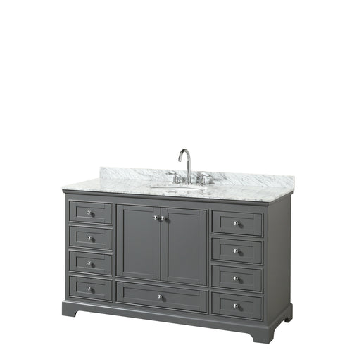 Wyndham Deborah 60 Inch Single Bathroom Vanity in Dark Gray, White Carrara Marble Countertop, Undermount Oval Sink, and No Mirror- Wyndham