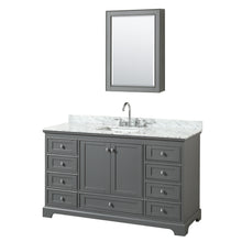 Load image into Gallery viewer, Wyndham Deborah 60 Inch Single Bathroom Vanity in Dark Gray, White Carrara Marble Countertop, Undermount Square Sink, and Medicine Cabinet- Wyndham