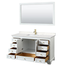 Load image into Gallery viewer, Wyndham Deborah 60 Inch Single Bathroom Vanity in White, Carrara Cultured Marble Countertop, Undermount Square Sink, Brushed Gold Trim, 58 Inch Mirror- Wyndham