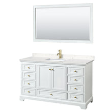 Load image into Gallery viewer, Wyndham Deborah 60 Inch Single Bathroom Vanity in White, Carrara Cultured Marble Countertop, Undermount Square Sink, Brushed Gold Trim, 58 Inch Mirror- Wyndham
