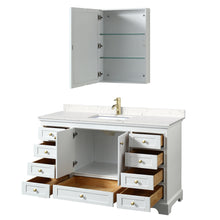 Load image into Gallery viewer, Wyndham Deborah 60 Inch Single Bathroom Vanity in White, Carrara Cultured Marble Countertop, Undermount Square Sink, Brushed Gold Trim, Medicine Cabinet- Wyndham