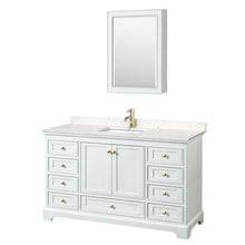 Load image into Gallery viewer, Wyndham Deborah 60 Inch Single Bathroom Vanity in White, Carrara Cultured Marble Countertop, Undermount Square Sink, Brushed Gold Trim, Medicine Cabinet- Wyndham