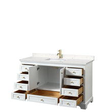Load image into Gallery viewer, Wyndham Deborah 60 Inch Single Bathroom Vanity in White, Carrara Cultured Marble Countertop, Undermount Square Sink, Brushed Gold Trim, No Mirror- Wyndham