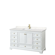 Load image into Gallery viewer, Wyndham Deborah 60 Inch Single Bathroom Vanity in White, Carrara Cultured Marble Countertop, Undermount Square Sink, Brushed Gold Trim, No Mirror- Wyndham