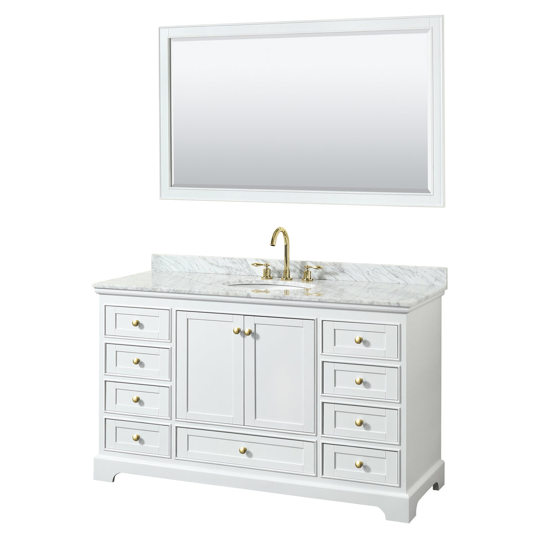 Wyndham Deborah 60 Inch Single Bathroom Vanity in White, White Carrara Marble Countertop, Undermount Oval Sink, Brushed Gold Trim, 58 Inch Mirror- Wyndham