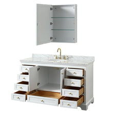 Load image into Gallery viewer, Wyndham Deborah 60 Inch Single Bathroom Vanity in White, White Carrara Marble Countertop, Undermount Oval Sink, Brushed Gold Trim, Medicine Cabinet- Wyndham