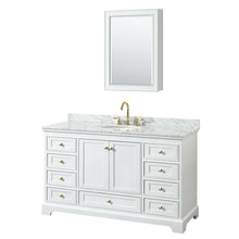 Load image into Gallery viewer, Wyndham Deborah 60 Inch Single Bathroom Vanity in White, White Carrara Marble Countertop, Undermount Oval Sink, Brushed Gold Trim, Medicine Cabinet- Wyndham